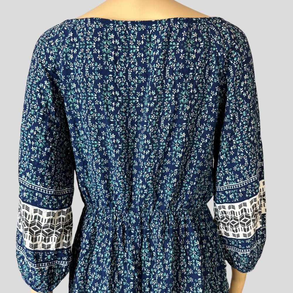 Addie Bohemian Mini Dress Medium Blue Green Floral 3/4 Sleeves Elastic Waist - Picture 5 of 13